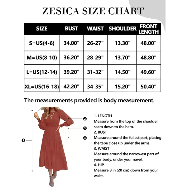 ZESICA Womens 2024 Casual Long Sleeve Crew Neck High Waist Smocked Flowy Tiered Midi DressRust