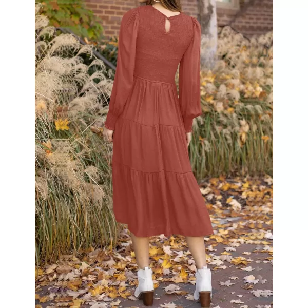 ZESICA Womens 2024 Casual Long Sleeve Crew Neck High Waist Smocked Flowy Tiered Midi DressRust