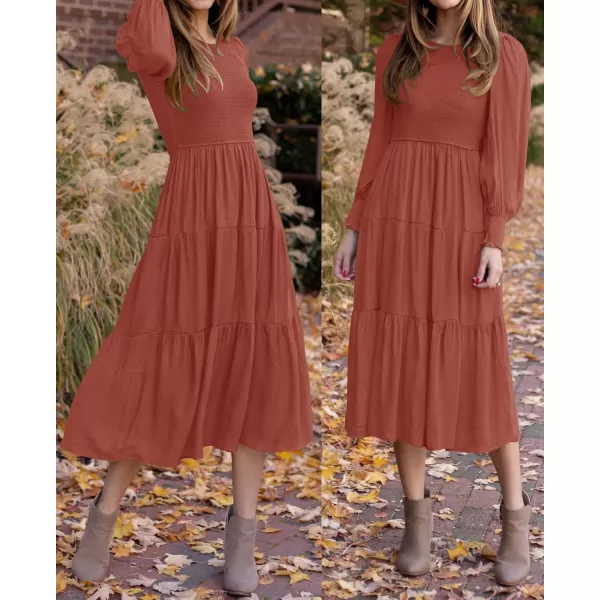ZESICA Womens 2024 Casual Long Sleeve Crew Neck High Waist Smocked Flowy Tiered Midi DressRust