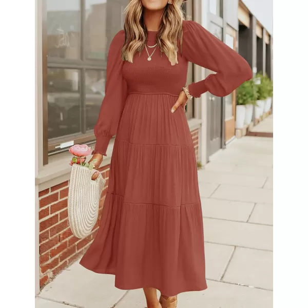 ZESICA Womens 2024 Casual Long Sleeve Crew Neck High Waist Smocked Flowy Tiered Midi DressRust