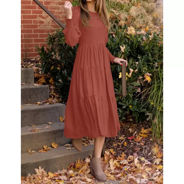 ZESICA Womens 2024 Casual Long Sleeve Crew Neck High Waist Smocked Flowy Tiered Midi DressRust