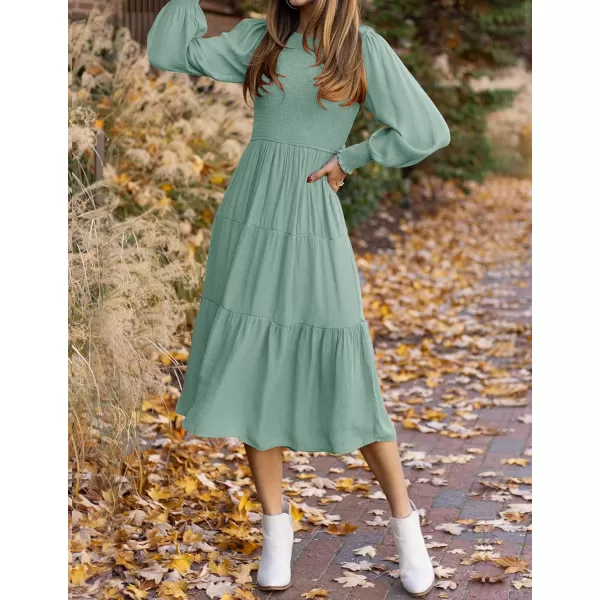 ZESICA Womens 2024 Casual Long Sleeve Crew Neck High Waist Smocked Flowy Tiered Midi DressSage