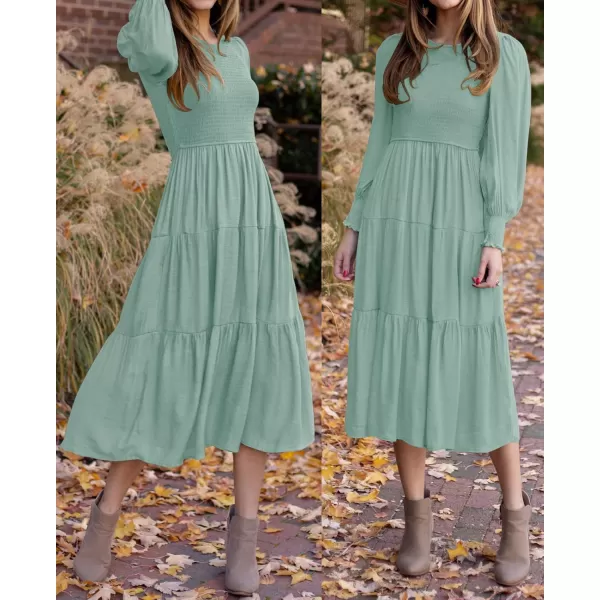 ZESICA Womens 2024 Casual Long Sleeve Crew Neck High Waist Smocked Flowy Tiered Midi DressSage