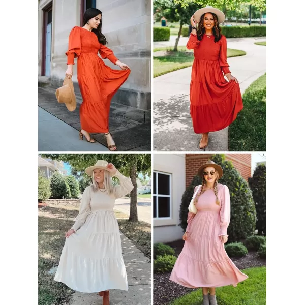 ZESICA Womens 2024 Casual Long Sleeve Crew Neck High Waist Smocked Flowy Tiered Midi DressSage