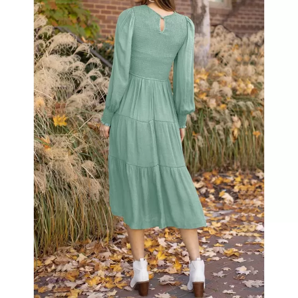 ZESICA Womens 2024 Casual Long Sleeve Crew Neck High Waist Smocked Flowy Tiered Midi DressSage