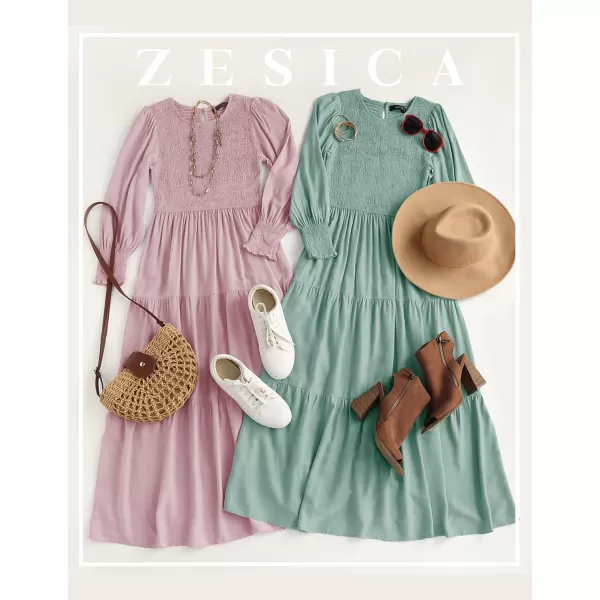 ZESICA Womens 2024 Casual Long Sleeve Crew Neck High Waist Smocked Flowy Tiered Midi DressSage