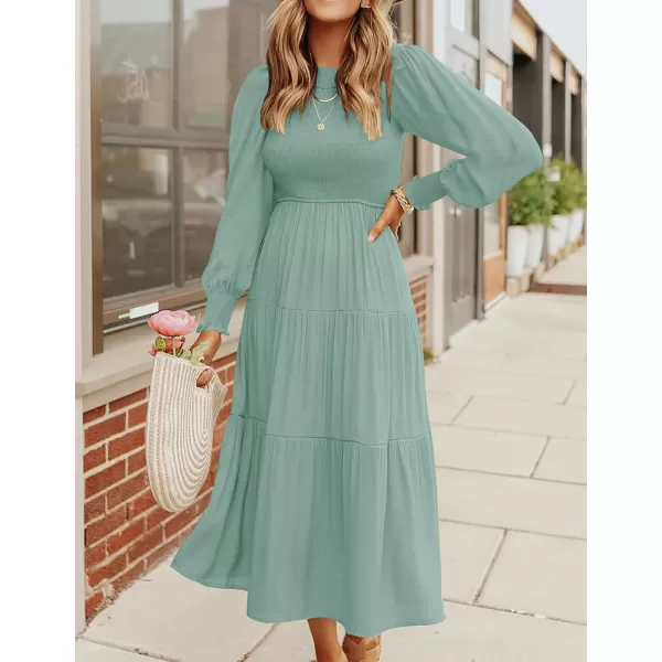 ZESICA Womens 2024 Casual Long Sleeve Crew Neck High Waist Smocked Flowy Tiered Midi DressSage