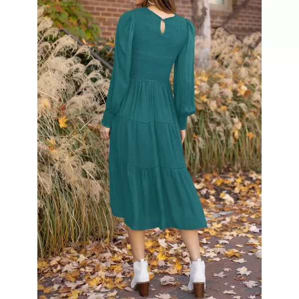 ZESICA Womens 2024 Casual Long Sleeve Crew Neck High Waist Smocked Flowy Tiered Midi DressTealgreen