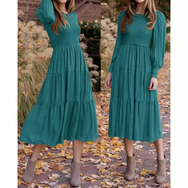 ZESICA Womens 2024 Casual Long Sleeve Crew Neck High Waist Smocked Flowy Tiered Midi DressTealgreen