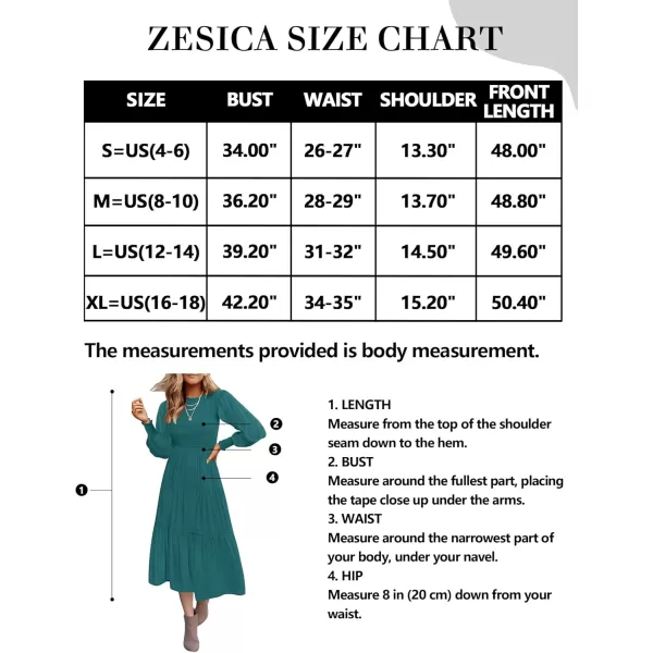 ZESICA Womens 2024 Casual Long Sleeve Crew Neck High Waist Smocked Flowy Tiered Midi DressTealgreen
