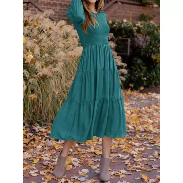 ZESICA Womens 2024 Casual Long Sleeve Crew Neck High Waist Smocked Flowy Tiered Midi DressTealgreen