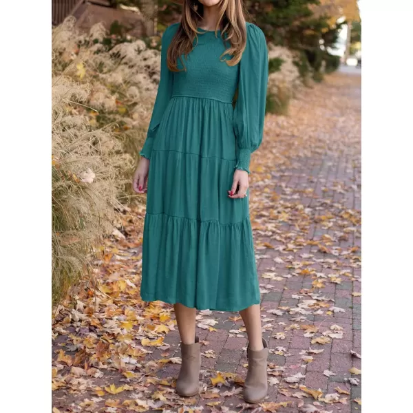 ZESICA Womens 2024 Casual Long Sleeve Crew Neck High Waist Smocked Flowy Tiered Midi DressTealgreen