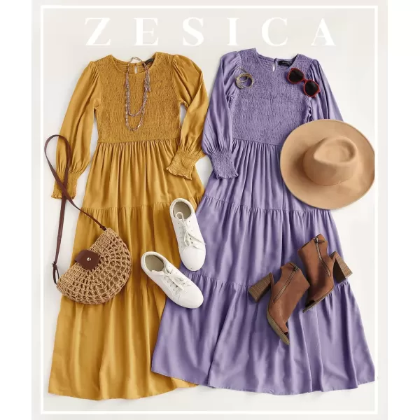 ZESICA Womens 2024 Casual Long Sleeve Crew Neck High Waist Smocked Flowy Tiered Midi DressViolet