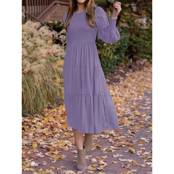 ZESICA Womens 2024 Casual Long Sleeve Crew Neck High Waist Smocked Flowy Tiered Midi DressViolet