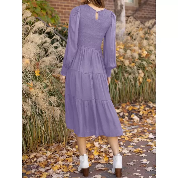 ZESICA Womens 2024 Casual Long Sleeve Crew Neck High Waist Smocked Flowy Tiered Midi DressViolet
