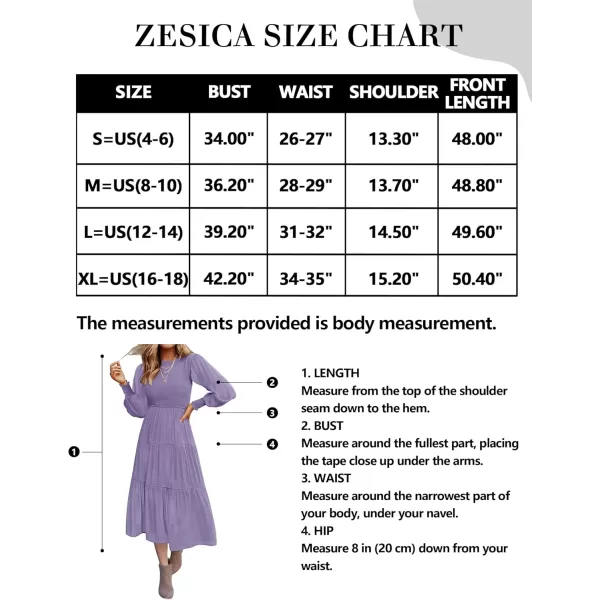ZESICA Womens 2024 Casual Long Sleeve Crew Neck High Waist Smocked Flowy Tiered Midi DressViolet