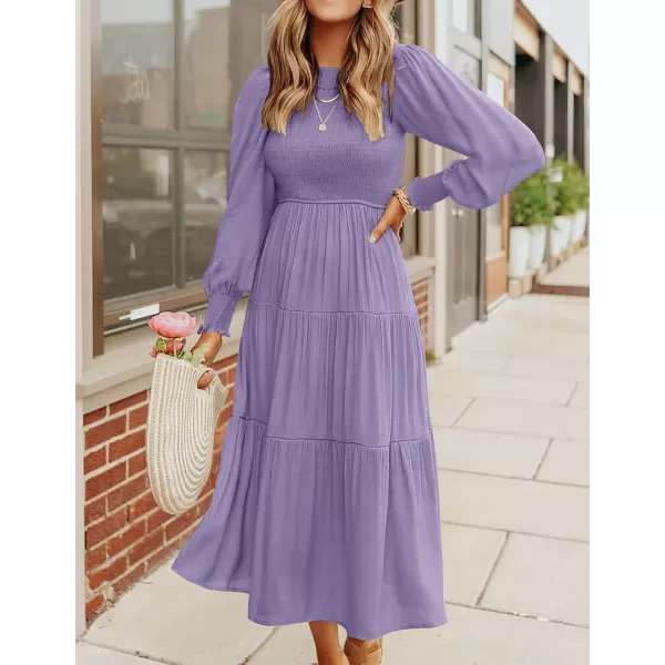 ZESICA Womens 2024 Casual Long Sleeve Crew Neck High Waist Smocked Flowy Tiered Midi DressViolet