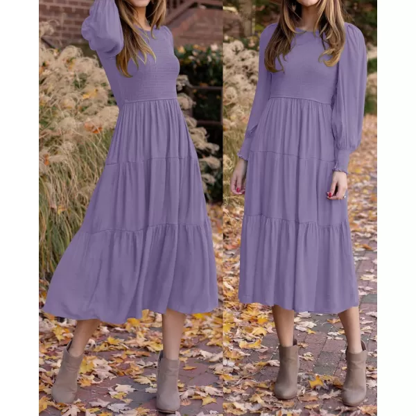 ZESICA Womens 2024 Casual Long Sleeve Crew Neck High Waist Smocked Flowy Tiered Midi DressViolet