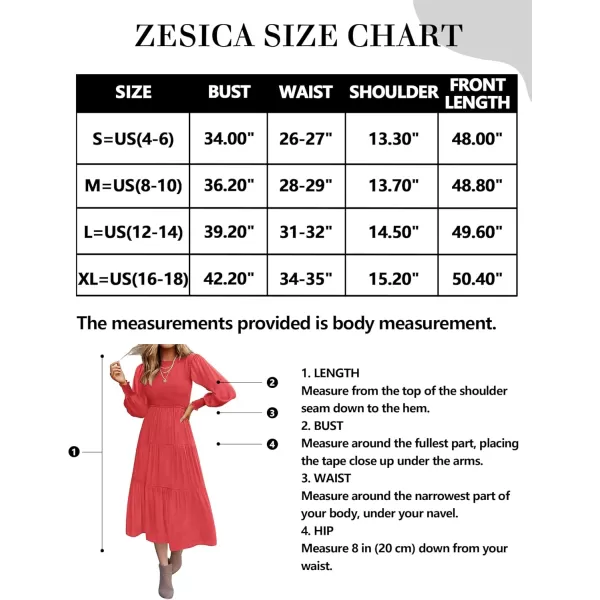 ZESICA Womens 2024 Casual Long Sleeve Crew Neck High Waist Smocked Flowy Tiered Midi DressWatermelonred