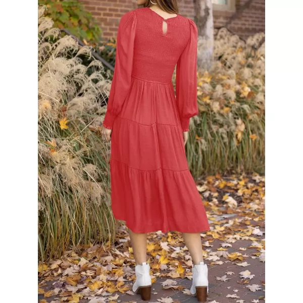 ZESICA Womens 2024 Casual Long Sleeve Crew Neck High Waist Smocked Flowy Tiered Midi DressWatermelonred