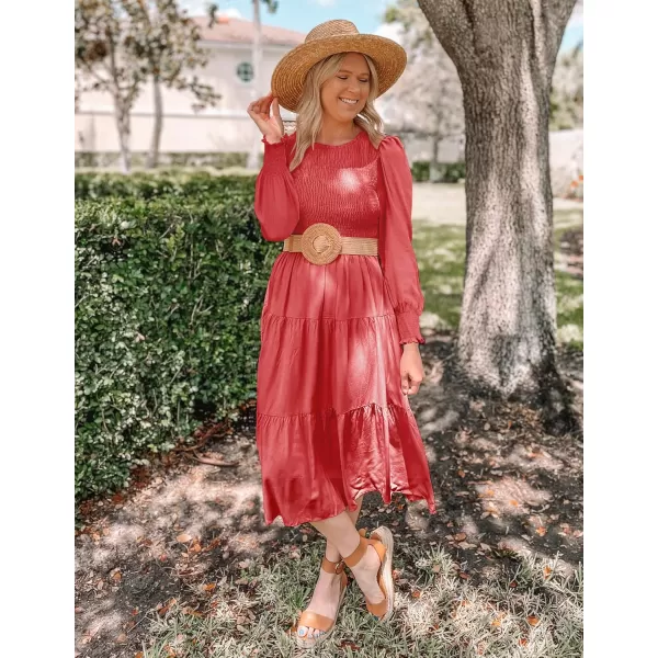 ZESICA Womens 2024 Casual Long Sleeve Crew Neck High Waist Smocked Flowy Tiered Midi DressWatermelonred