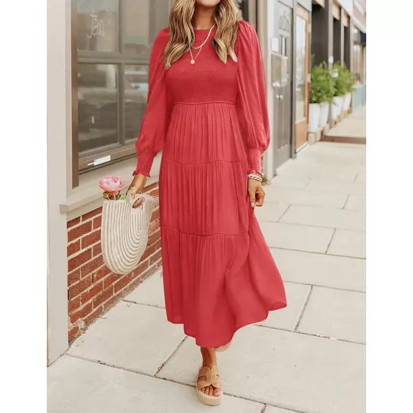 ZESICA Womens 2024 Casual Long Sleeve Crew Neck High Waist Smocked Flowy Tiered Midi DressWatermelonred