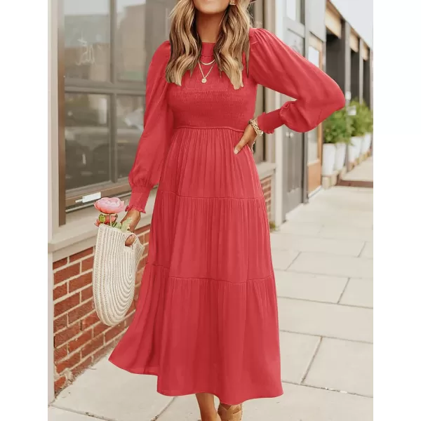 ZESICA Womens 2024 Casual Long Sleeve Crew Neck High Waist Smocked Flowy Tiered Midi DressWatermelonred