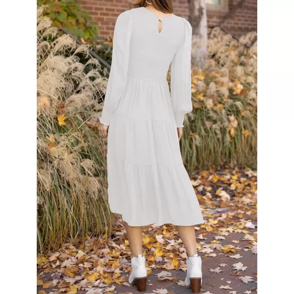 ZESICA Womens 2024 Casual Long Sleeve Crew Neck High Waist Smocked Flowy Tiered Midi DressWhite