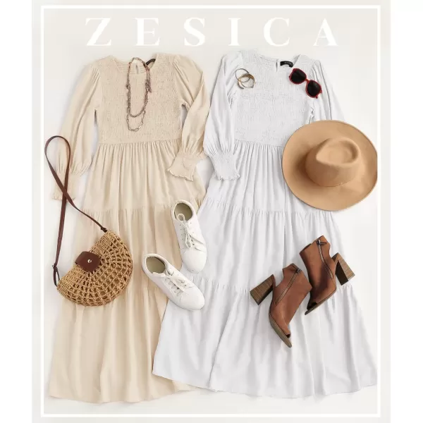 ZESICA Womens 2024 Casual Long Sleeve Crew Neck High Waist Smocked Flowy Tiered Midi DressWhite