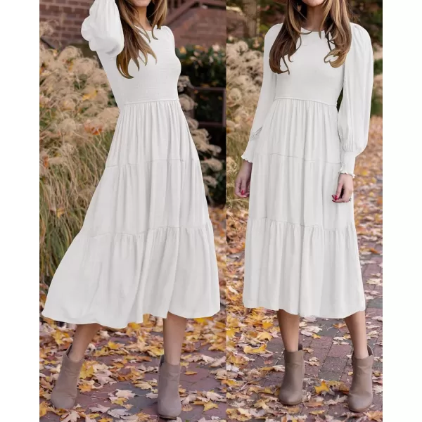 ZESICA Womens 2024 Casual Long Sleeve Crew Neck High Waist Smocked Flowy Tiered Midi DressWhite