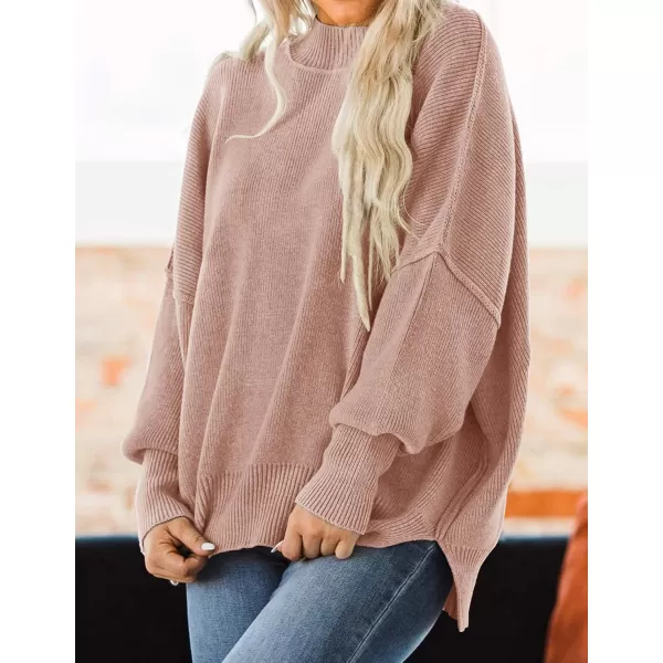 ZESICA Womens 2024 Fall Casual Long Sleeve Crew Neck Side Slit Oversized Ribbed Knit Pullover Sweater TopsAlmond