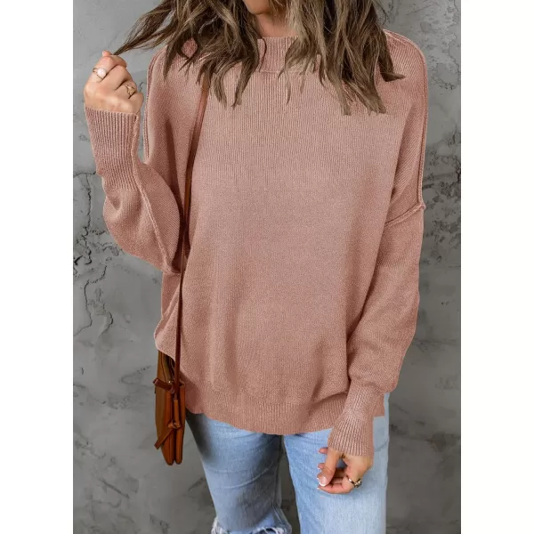 ZESICA Womens 2024 Fall Casual Long Sleeve Crew Neck Side Slit Oversized Ribbed Knit Pullover Sweater TopsAlmond
