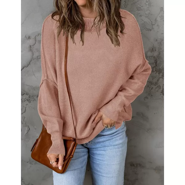 ZESICA Womens 2024 Fall Casual Long Sleeve Crew Neck Side Slit Oversized Ribbed Knit Pullover Sweater TopsAlmond