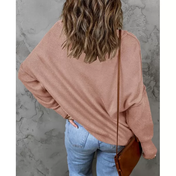ZESICA Womens 2024 Fall Casual Long Sleeve Crew Neck Side Slit Oversized Ribbed Knit Pullover Sweater TopsAlmond