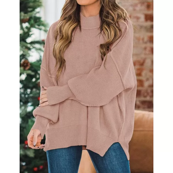 ZESICA Womens 2024 Fall Casual Long Sleeve Crew Neck Side Slit Oversized Ribbed Knit Pullover Sweater TopsAlmond