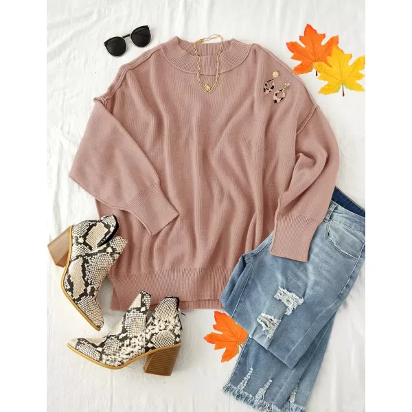 ZESICA Womens 2024 Fall Casual Long Sleeve Crew Neck Side Slit Oversized Ribbed Knit Pullover Sweater TopsAlmond