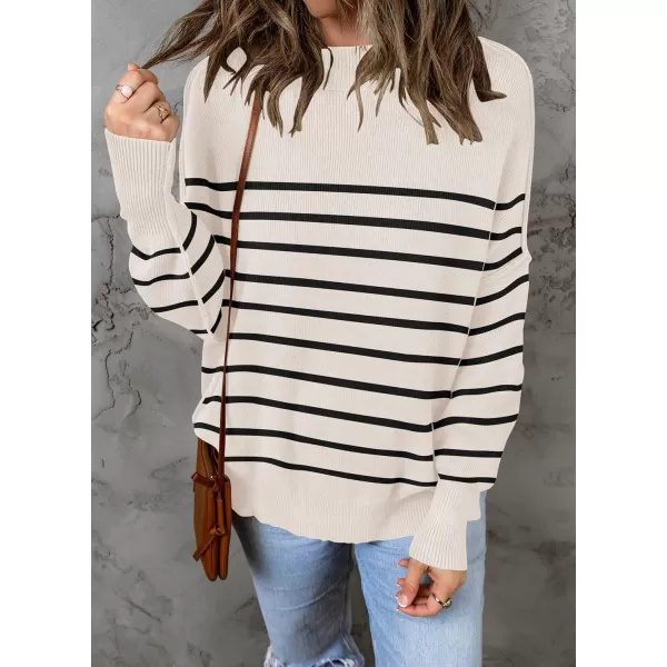 ZESICA Womens 2024 Fall Casual Long Sleeve Crew Neck Side Slit Oversized Ribbed Knit Pullover Sweater TopsApricotstripe