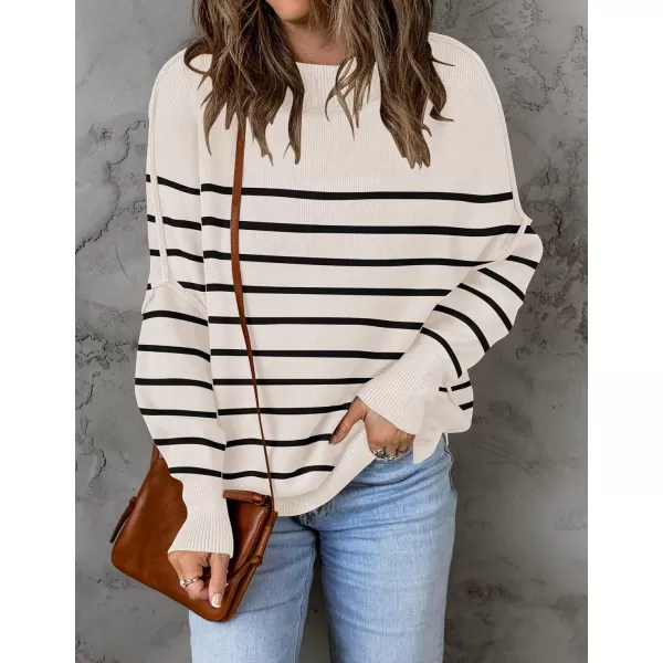 ZESICA Womens 2024 Fall Casual Long Sleeve Crew Neck Side Slit Oversized Ribbed Knit Pullover Sweater TopsApricotstripe