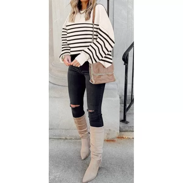 ZESICA Womens 2024 Fall Casual Long Sleeve Crew Neck Side Slit Oversized Ribbed Knit Pullover Sweater TopsApricotstripe