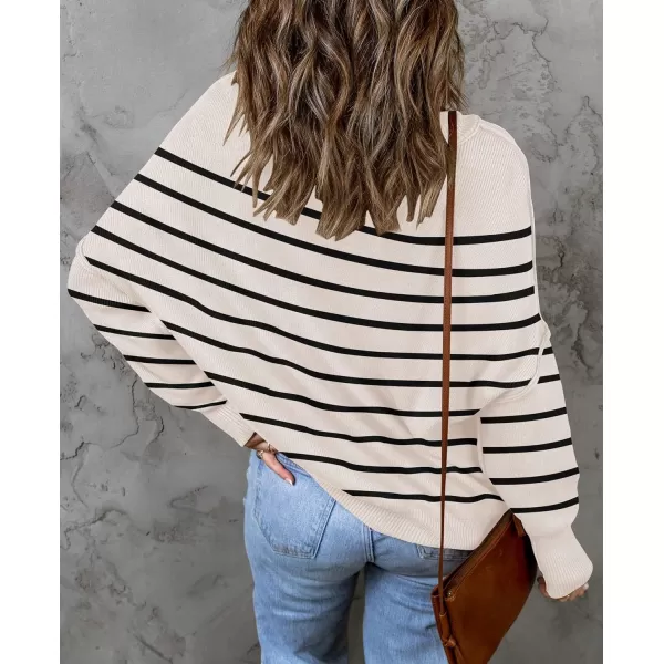 ZESICA Womens 2024 Fall Casual Long Sleeve Crew Neck Side Slit Oversized Ribbed Knit Pullover Sweater TopsApricotstripe