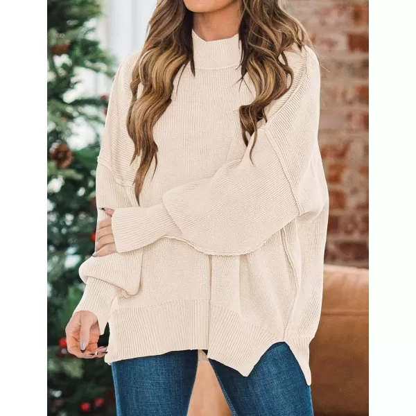 ZESICA Womens 2024 Fall Casual Long Sleeve Crew Neck Side Slit Oversized Ribbed Knit Pullover Sweater TopsBeige