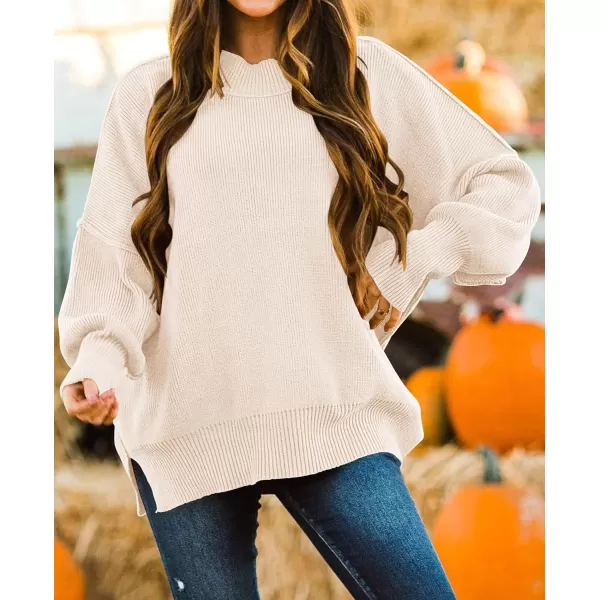 ZESICA Womens 2024 Fall Casual Long Sleeve Crew Neck Side Slit Oversized Ribbed Knit Pullover Sweater TopsBeige
