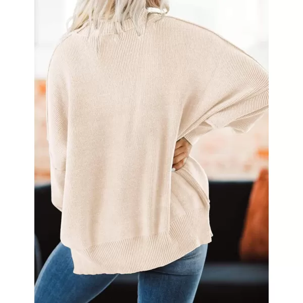ZESICA Womens 2024 Fall Casual Long Sleeve Crew Neck Side Slit Oversized Ribbed Knit Pullover Sweater TopsBeige
