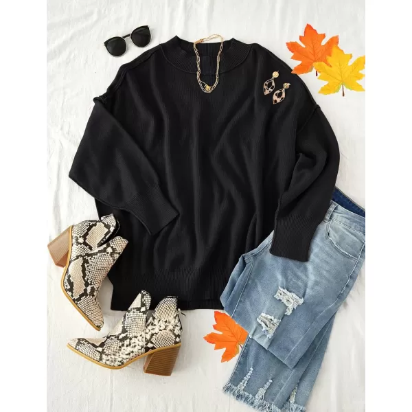 ZESICA Womens 2024 Fall Casual Long Sleeve Crew Neck Side Slit Oversized Ribbed Knit Pullover Sweater TopsBlack
