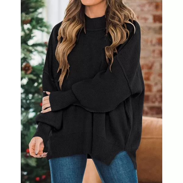 ZESICA Womens 2024 Fall Casual Long Sleeve Crew Neck Side Slit Oversized Ribbed Knit Pullover Sweater TopsBlack