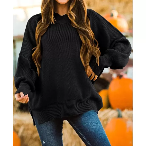 ZESICA Womens 2024 Fall Casual Long Sleeve Crew Neck Side Slit Oversized Ribbed Knit Pullover Sweater TopsBlack