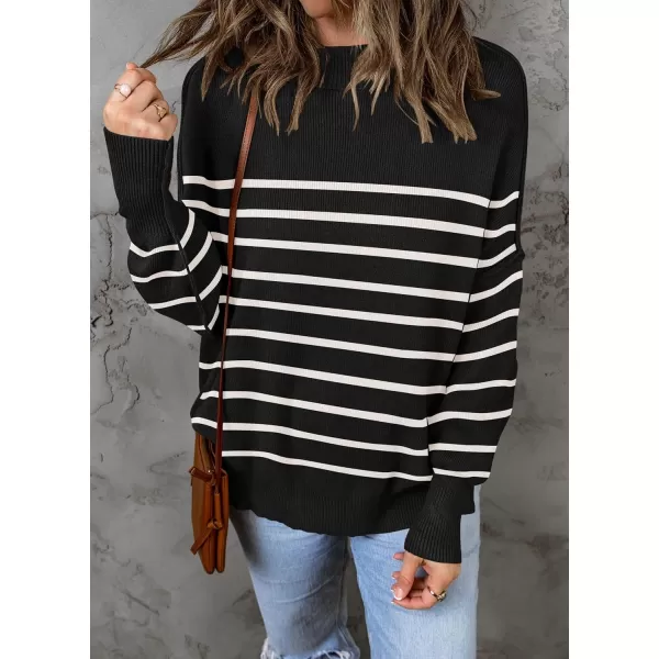 ZESICA Womens 2024 Fall Casual Long Sleeve Crew Neck Side Slit Oversized Ribbed Knit Pullover Sweater TopsBlackstripe