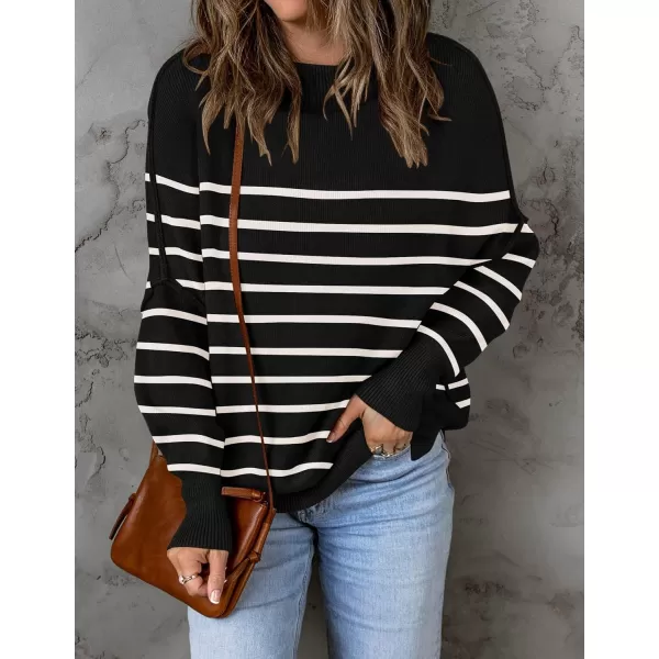 ZESICA Womens 2024 Fall Casual Long Sleeve Crew Neck Side Slit Oversized Ribbed Knit Pullover Sweater TopsBlackstripe
