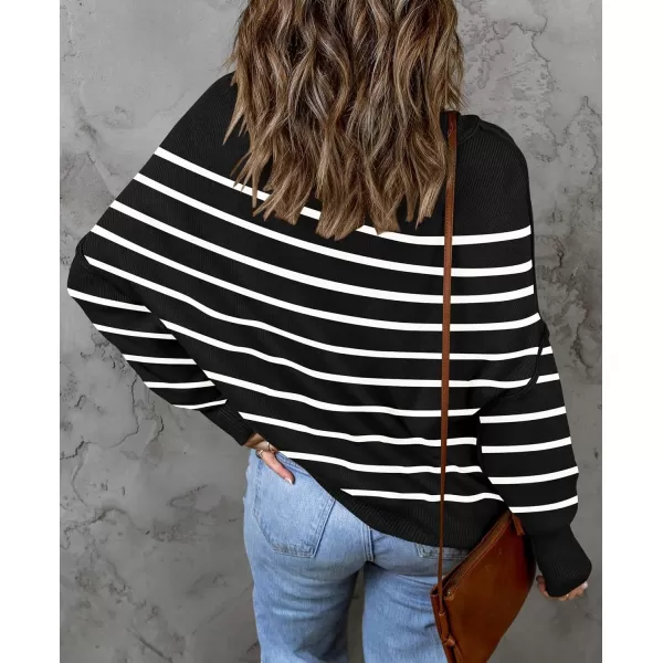 ZESICA Womens 2024 Fall Casual Long Sleeve Crew Neck Side Slit Oversized Ribbed Knit Pullover Sweater TopsBlackstripe