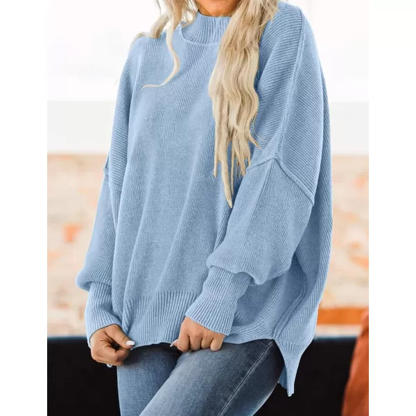ZESICA Womens 2024 Fall Casual Long Sleeve Crew Neck Side Slit Oversized Ribbed Knit Pullover Sweater TopsBlue